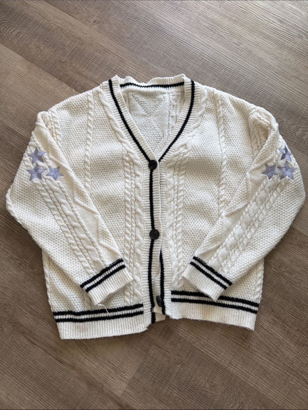 White Cable Knit Button Cardigan Sweater with Black Trim